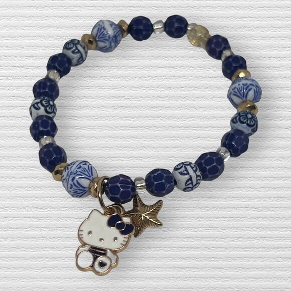 Mixed Media Hello Kitty Dainty Blue & White Heishi Beads Handmade Bracelet Set - Picture 3 of 6